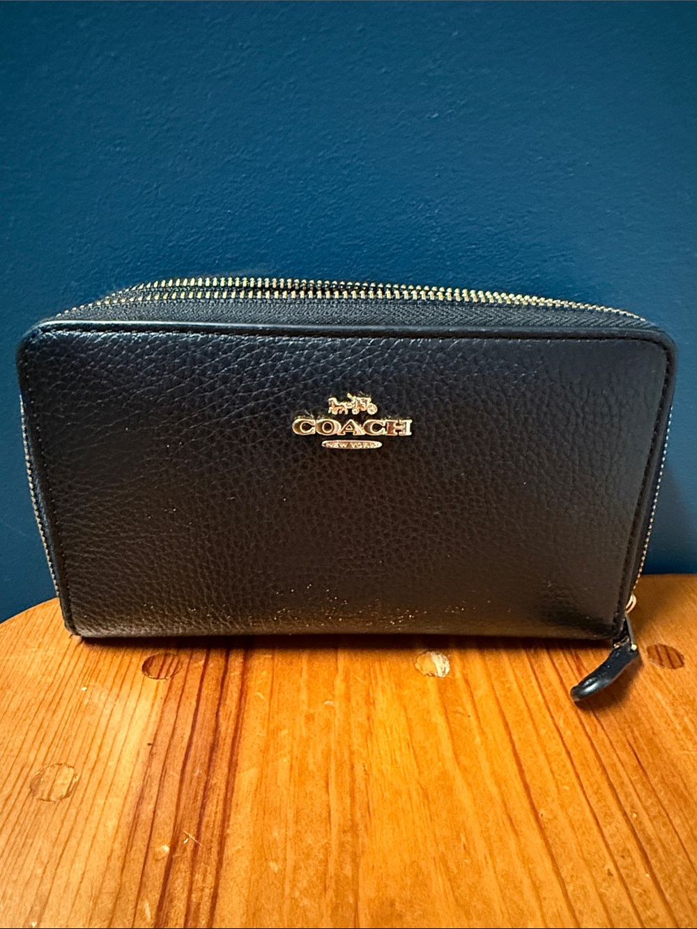 Coach Black Pebbled Leather Short Zip Wallet with Gold Logo